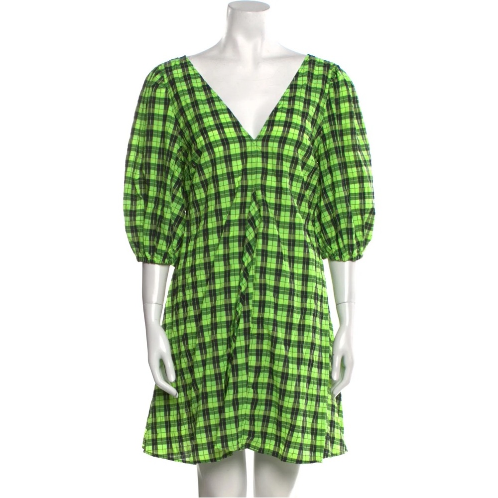 Ganni Seersucker Check Mini Dress in Green